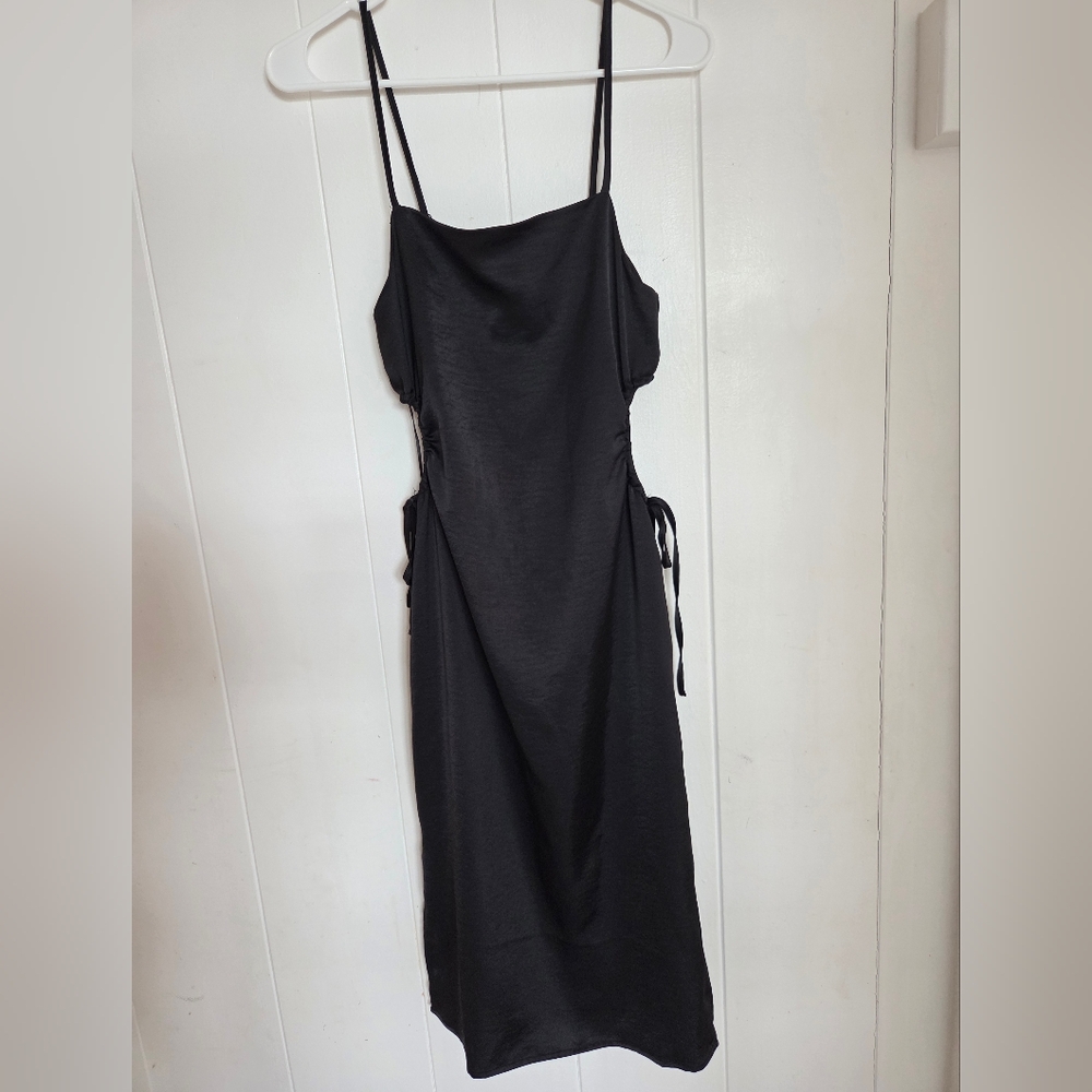 HOUSE OF HARLOW Satin Black Midi Slip Dress Small Side Keyhole Cutout Cocktail - Picture 2 of 12